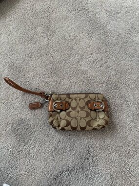Coach Brown/Tan Signature Canvas Wristlet with Leather Trim